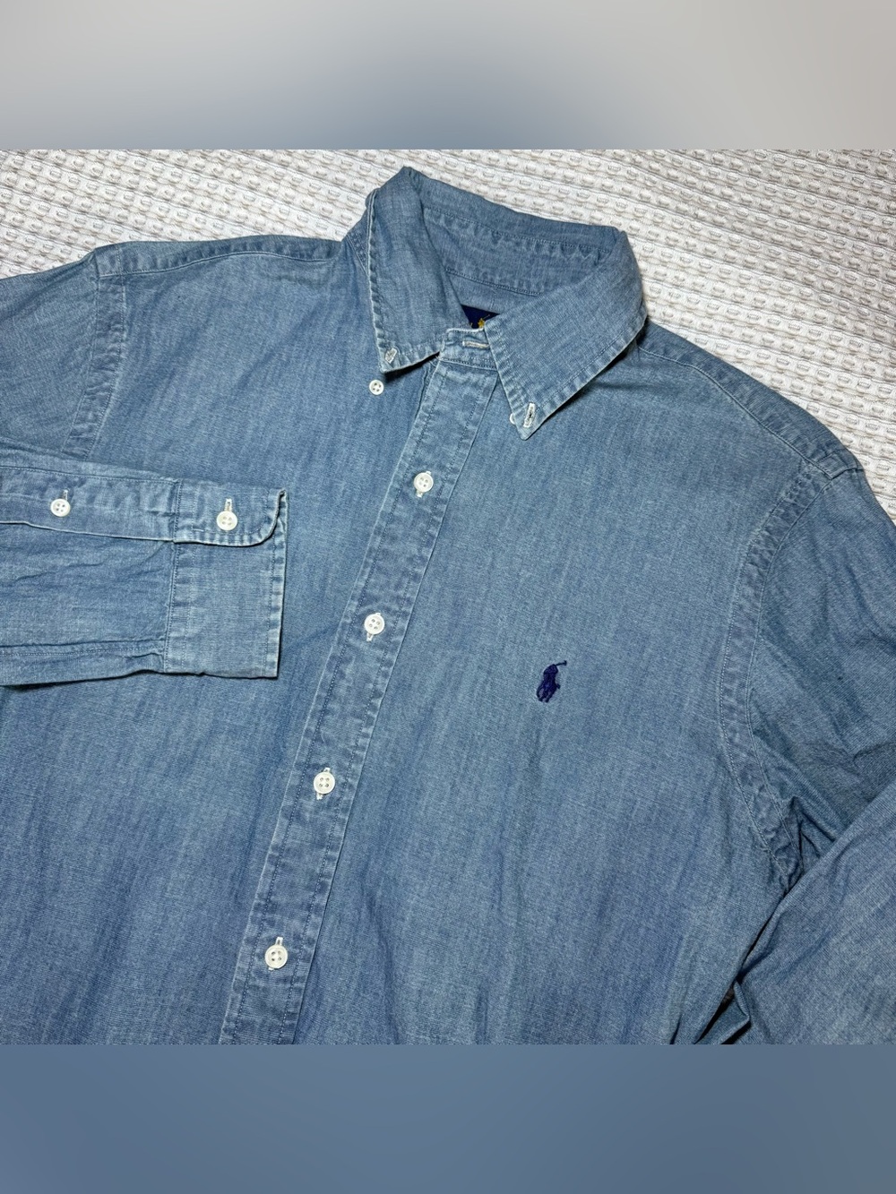 Polo Ralph Lauren Shirt Mens Medium Blue Chambray Button Up Slim Fit Navy Preppy